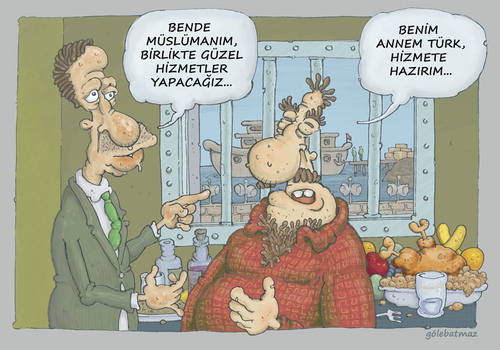 Cartoon: Hizmet Yarisi (medium) by Gölebatmaz tagged apo,erdogan,badem,hizmet,turk