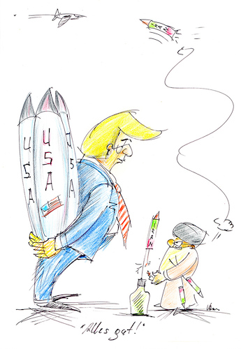 Cartoon: Alles ist gut! (medium) by kugel2020 tagged usa,amerika,trump,iran,mullahs,konflikt,attentat,raketen,rache,flugzeugabsturz,ukraine