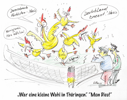 Cartoon: Hühnerhaufen (medium) by kugel2020 tagged ministerpräsident,fdp,linke,thüringen,wahl,landtagswahl,hühnerhaufen,geschrei,medien,zdf,ard,kemmerich