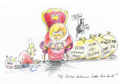 Cartoon: Kein Geld für arme Rentner (medium) by kugel2020 tagged rentner,armut,geringverdiener,deutschland,merkel,übersschuss,milliarden,ungerecht,protest,alter,schande
