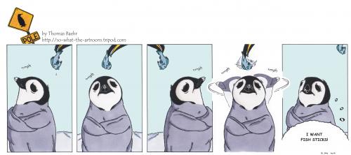 Cartoon: POLE Strip No.29 (medium) by Penguin_guy tagged penguins,pinguine,pets,tiere,familie,family,fishing,fischen,fish,sticks,fischstaebchen,pinguine,tiere,antarktis,eis,vogel,jugend,kinder,familie,eltern,füttern,futter,fütterung,essen,nahrung,lebensmittel,stur,sturheit,wollen,fischstäbchen,fisch,iglo,wedeln,eigensinnig