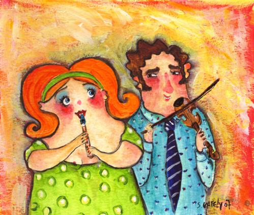 Cartoon: whistler and fiddler (medium) by siobhan gately tagged music,musicians,illustration,mann,frau,flirt,flirten,musik,musiker,instrument,flöte,geige,melodie,harmonie,beziehung