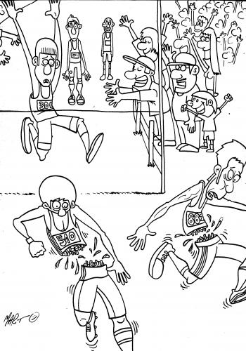Cartoon: LLEGADA A MEDIAS (medium) by Mario Almaraz tagged competidores,sport,laufen,rennen,sportler,strecke,ziel,ziellinie,schnur,unfall,läufer
