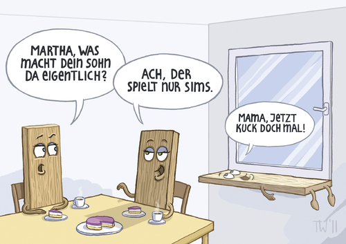 Cartoon: ... (medium) by Tobias Wieland tagged mutter,sohn,familie,kaffeekränzchen,wortspiel,fenster,kind,kuchen,kaffee,sims,brett,brett,sims,kaffee,kuchen,kind,wortspiel,fenster,familie,kaffeekränzchen,mutter,sohn