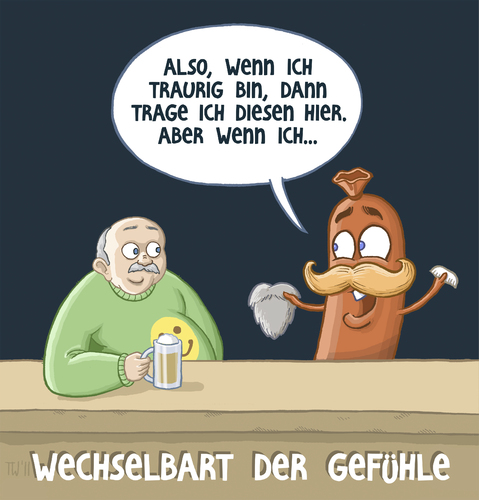 Cartoon: Aus der Wortspielfabrik (medium) by Tobias Wieland tagged wortspiel,kalauer,bar,kneipe,wurst,bart,verkleidung,gefühle,emotionen,wortspiel,kalauer,bar,kneipe,wurst,bart,verkleidung,gefühle,emotionen