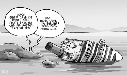 Cartoon: BER-gungsarbeiten (medium) by Tobias Wieland tagged costa,concordia,italien,schettino,kreuzfahrt,schiff,berlin,flughafen,ber,wowereit,platzek,skandal,bau,verzögerung,untergang,havarie,urlaub,mammut,projekt