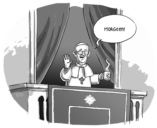 Cartoon: Der Papst begrüßt den Tag (medium) by Tobias Wieland tagged papst,franziskus,vatikan,buona,notte,gute,nacht,morgen,kaffee,jorge,mario,bergoglio,konklave,wahl,südamerika