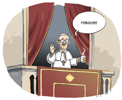 Cartoon: Der Papst begrüßt die Welt (medium) by Tobias Wieland tagged papst,franziskus,vatikan,buona,notte,gute,nacht,morgen,kaffee,jorge,mario,bergoglio,konklave,wahl,südamerika,papst,franziskus,vatikan,buona,notte,gute,nacht,morgen,kaffee,jorge,mario,bergoglio,konklave,wahl,südamerika