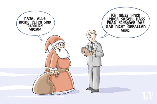 Cartoon: Frauenquote (medium) by Tobias Wieland tagged frauenquote,schröder,dax,konzern,vorstand,weihnachten,selbstverpflichtung,leyen,der,von,familienministerin,2013,wirtschaft,schröder,frauenquote,wirtschaft,2013,familienministerin,leyen,selbstverpflichtung,weihnachten,vorstand,dax,konzern,arbeit,job,frauen,gleichberechtigung