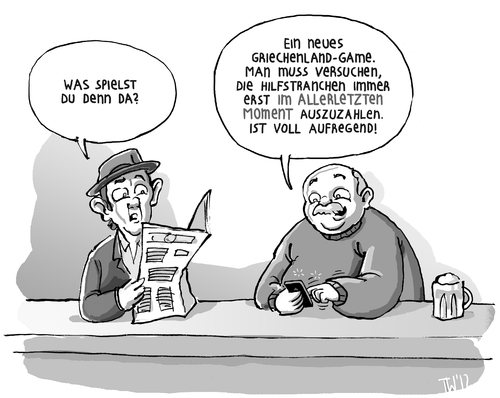 Cartoon: Griechen-App (medium) by Tobias Wieland tagged griechenland,euro,krise,tranche,iwf,lagarde,juncker,eu,europa,schulden,finanzminister,schäuble,athen,ezb,karikatur,rettung,app,game,phone,smartphone