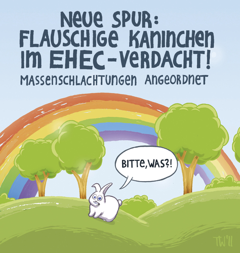 Cartoon: Heckmeck um EHEC (medium) by Tobias Wieland tagged ehec,krankheit,gurke,kaninchen,sprosse,ursprung,verdacht,epedemie,gesundheit,bakterium