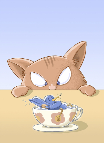 Cartoon: Montag ist Badetag! (medium) by Tobias Wieland tagged jagd,pech,bad,tasse,wieland,tobias,bird,cat,vogel,katze