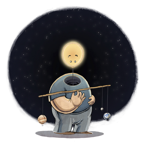 Cartoon: Mr. Solar (medium) by Tobias Wieland tagged moon,mond,earth,erde,sonnensystem,jupiter,system,solar,physics,physik,newton,kepler,astronomie,sun,sonne,sonne,sun,solar,system,jupiter,sonnensystem,erde,earth,mond,moon