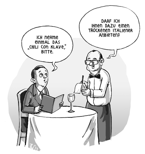 Cartoon: Päpstliches Mahl (medium) by Tobias Wieland tagged papst,papstwahl,konklave,italien,katholisch,kirche,kardinal,sixtinische,kapelle,ratzinger,benedikt,restaurant,kellner,sodano,chili,con,carne,karikatur,cartoon,tobias,wieland