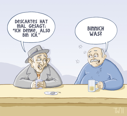 Cartoon: Philosophie für den kleinen Man (medium) by Tobias Wieland tagged bar,kneipe,bin,also,denke,ich,sein,descartes,philosophie,philosophie,descartes,kneipe,bar,männer,denken
