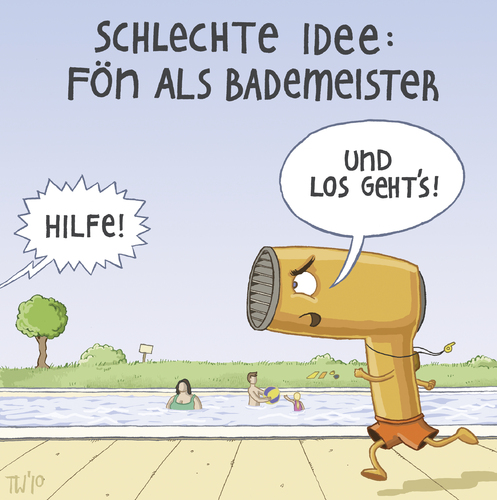 Cartoon: Schlechte Idee 2 (medium) by Tobias Wieland tagged freibad,ertrinken,unfall,idee,schlecht,schwimmbad,fön,bademeister,bademeister,fön,schwimmbad,schlecht,idee,unfall,ertrinken,freibad