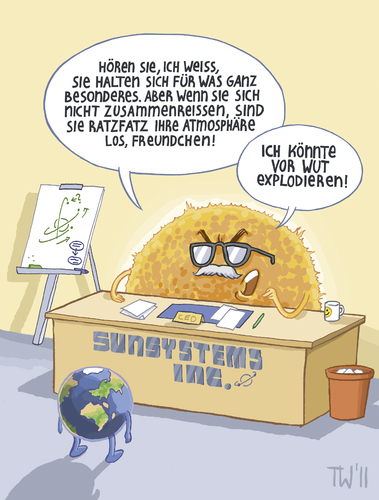Cartoon: Sonnensturm (medium) by Tobias Wieland tagged sonnensturm,solarsturm,solar,sonne,sonnensystem,erde,atmosphäre,gps,störung