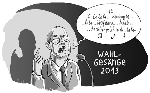 Cartoon: Wahlgesänge (medium) by Tobias Wieland tagged peer,steinbrück,wahl,walgesänge,wal,wahlkampf,super,bowl,beyonce,playback,familie,politik,karikatur,schröder,kindergeld,prüfstand,ehegattensplitting,splitting,ehe,bundestag,familienministerin,2013