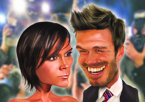 Cartoon: David and Victoria Beckham (medium) by Dom Richards tagged beckham,caricature,posh,becks