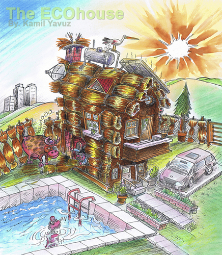 Cartoon: The ECOhouse and cow (medium) by kamil yavuz tagged eco,future,urban,house