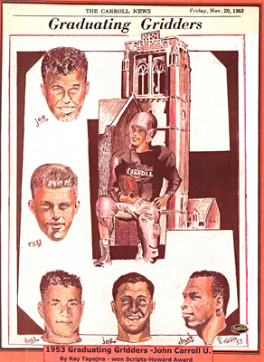Cartoon: 1953- JCU Graduating Gridders (medium) by ray-tapajna tagged john,carroll,university,football,graduates,1953,scripps,howard,award,college,newspaper,art
