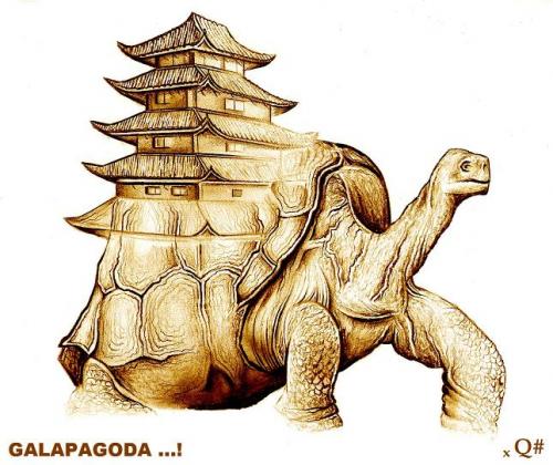 Cartoon: GALAPAGODA (medium) by QUIM tagged galapagos,pagoda,darwin,ciencia,hija,anne,muerte,perdida,fe,dolor,agnosticismo