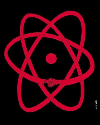 Cartoon: handshake in the atom (medium) by Medi Belortaja tagged nuclear,atom,handshake