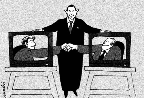 Cartoon: accordance politicians (medium) by Medi Belortaja tagged tv,politicians,accordance,handshake,media