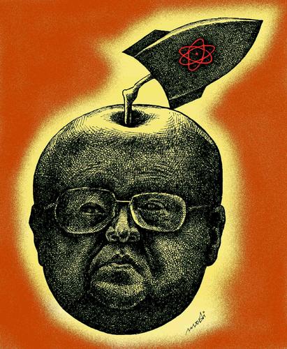 Cartoon: apple dangerous (medium) by Medi Belortaja tagged dangerous,apple,kim,il,yong,nuclear,military
