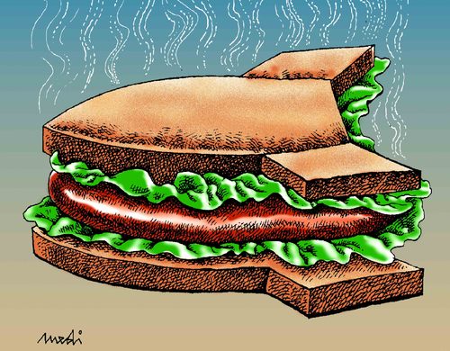 Cartoon: sandwich (medium) by Medi Belortaja tagged war,meat,poverty,bomb,military,sandwich