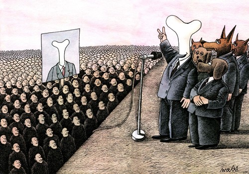 Cartoon: bone and dogs (medium) by Medi Belortaja tagged bone,dogs,servants,crawler,meeting,peoples,head,boss,victory,elections,politicians,politics