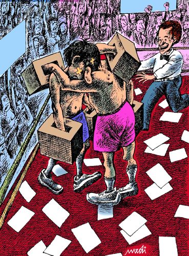 Cartoon: boxing election (medium) by Medi Belortaja tagged politicians,match,box,ballot,elections,boxing