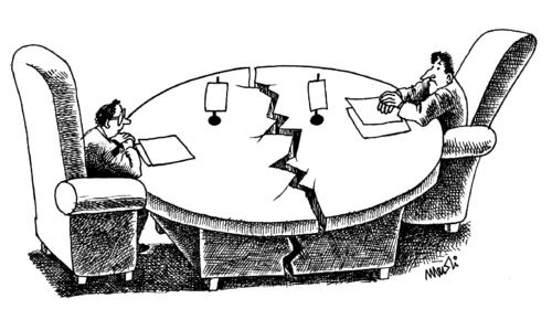 Cartoon: broken conversations (medium) by Medi Belortaja tagged conversations,broken,rounded,table,negotiations,politicians