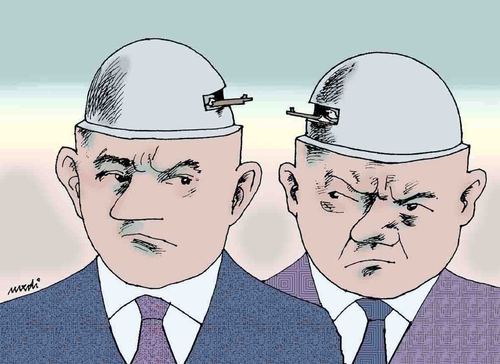 Cartoon: bunkers of hatred (medium) by Medi Belortaja tagged heads,men,angry,hate,conflict,bunkers