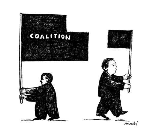 Cartoon: departure from the coalition (medium) by Medi Belortaja tagged flags,flag,coalition,departure,standardbearer,politicians