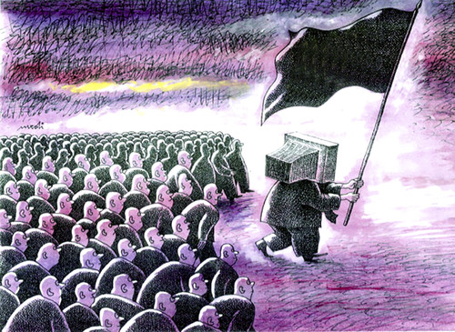 Cartoon: digital leader of peoples (medium) by Medi Belortaja tagged head,bearer,standard,computers,people,leader,digital