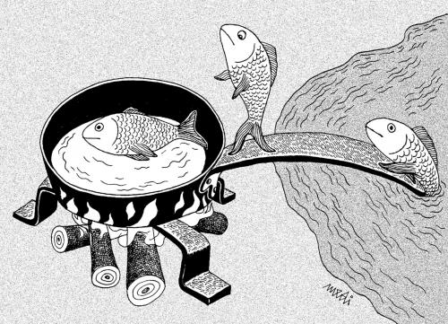 Cartoon: go fish to pan (medium) by Medi Belortaja tagged humor,sea,pollution,ecology,pan,fish