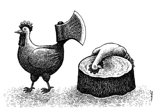 Cartoon: execution (medium) by Medi Belortaja tagged tail,ax,death,killer,kill,rooster,hangman,excecution,chicken
