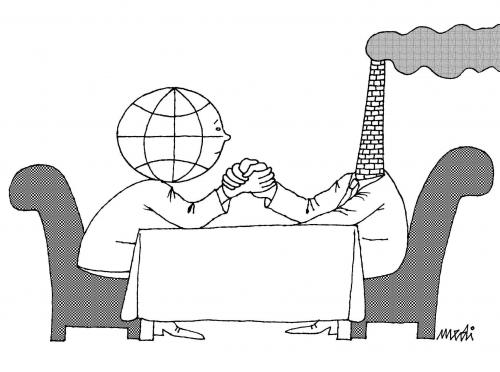 Cartoon: Hand wrestling (medium) by Medi Belortaja tagged wrestling,hand,globe,earth,pollution,factory,smoke