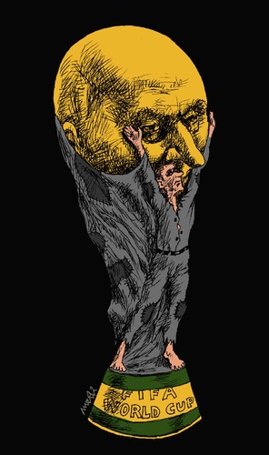 Cartoon: golden blatter (medium) by Medi Belortaja tagged protests,poor,poverty,brazil,cup,world,soccer,corruption,fifa,blatter,golden