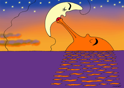 Cartoon: Good night ! (medium) by Medi Belortaja tagged sunset,love,sun,moon,night,man,woman,lovers