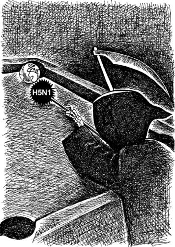 Cartoon: H5N1 (medium) by Medi Belortaja tagged illness,h5n1,epidemics,malaties,virus,death,symbol