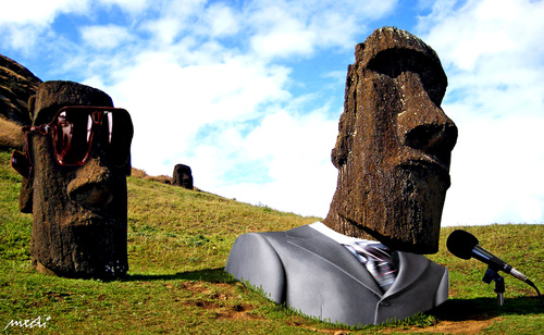 Cartoon: head and bodyguard (medium) by Medi Belortaja tagged head,chief,bodyguard,speak,speech,microphone,easter,island,statues