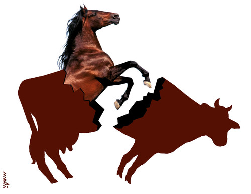 Cartoon: horsemeat (medium) by Medi Belortaja tagged horsemeat,horse,cow,scandal,beef,europe