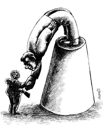 Cartoon: how are you (medium) by Medi Belortaja tagged monument,statue,hanshake,dictator,soldier,freedom