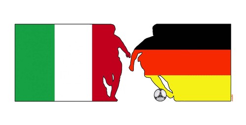 Cartoon: Italy vs Germany match (medium) by Medi Belortaja tagged ukraine,2012,euro,soccer,fussball,match,germany,vs,italy