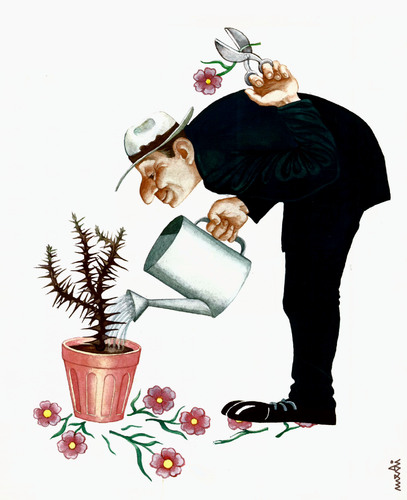 Cartoon: love for thorns (medium) by Medi Belortaja tagged irrigation,care,man,sticker,fuse,thorns,barbs,flowers,flower
