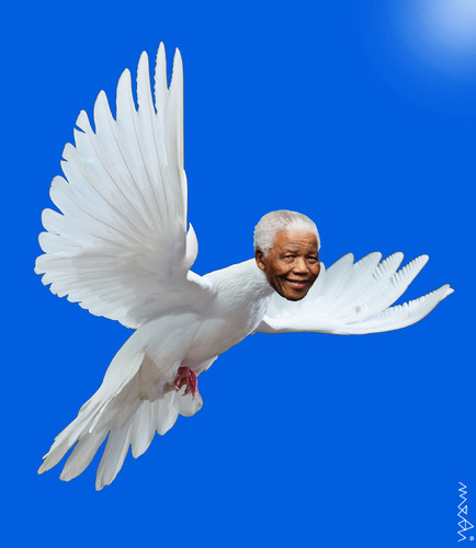Cartoon: Mandela flying (medium) by Medi Belortaja tagged nelson,mandela,flying,peace,freedom,south,africa,pigeon