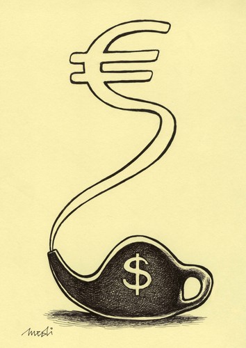 Cartoon: money relations (medium) by Medi Belortaja tagged money,relations,euro,dollar,aladin,lamp