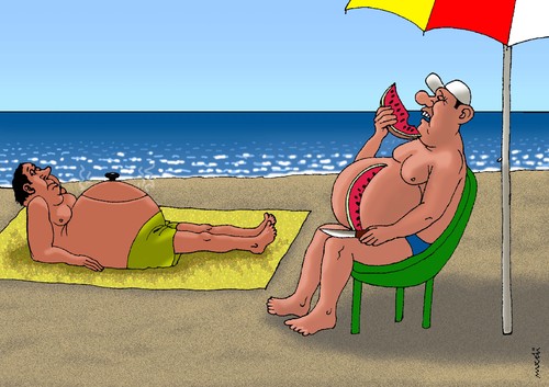 Cartoon: obesity on the beach (medium) by Medi Belortaja tagged humor,watermelon,eating,pot,holidays,men,beach,obese,obesity